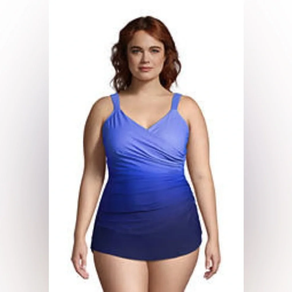 Lands' End Blue Ombre V-Neck Women’s Swim Tankini - Picture 1 of 4